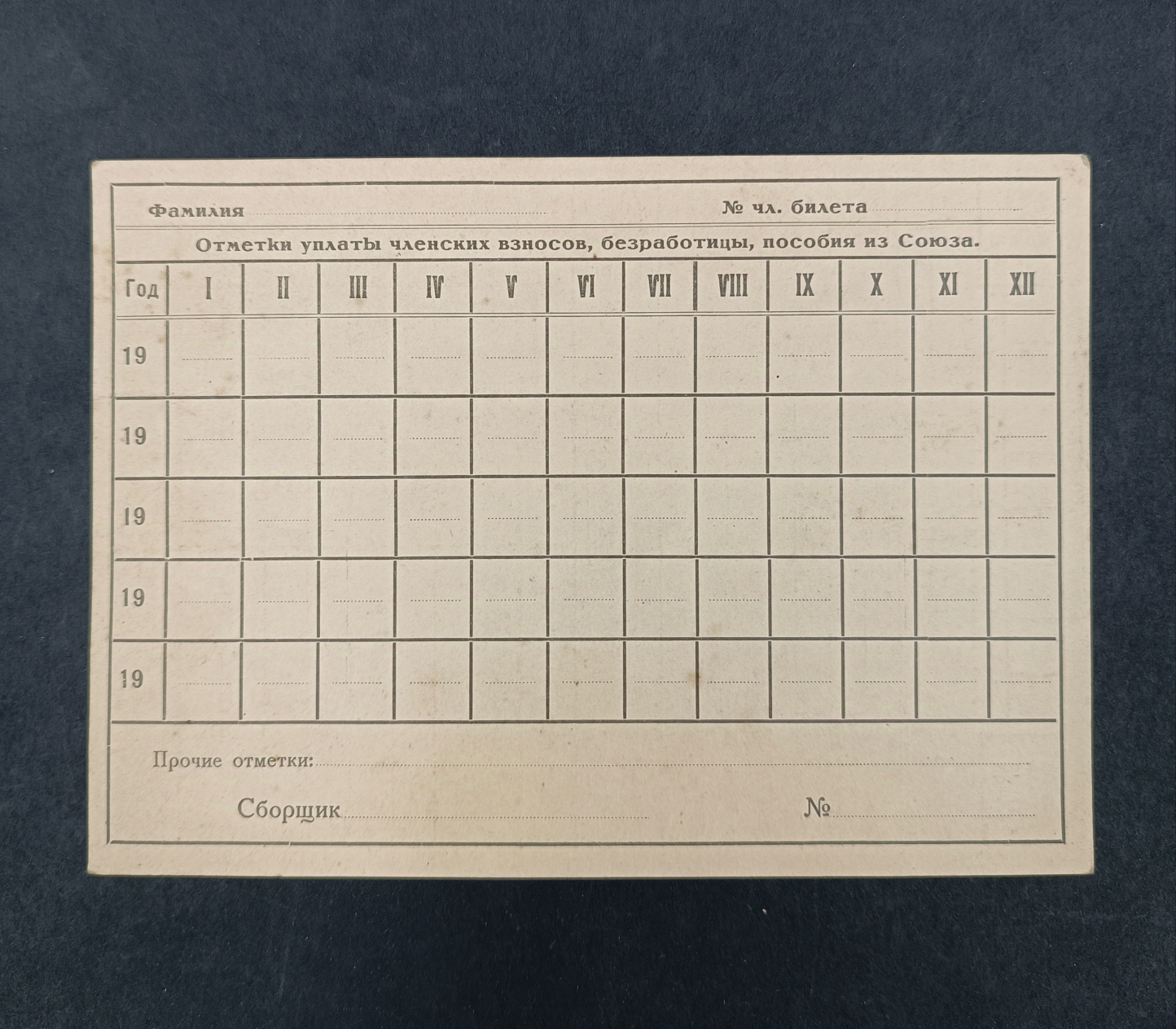 Любопытный документ. Учетная карточка члена союза.Могубрабис. .1920е годы. Хорошее состояние, пятна. 18х12,5 см — изображение 2