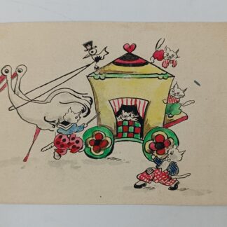 Открытка ручная работа "Журавли и котята" , 1940 е годы