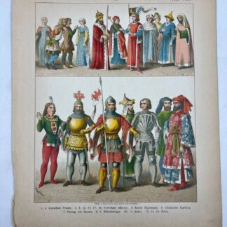 " Мужские костюмы различных сословий.  Германия. 1400-1500 годы" Хромолитография из Книги по истории костюма изданной в Германии, между 1876 и 1888. 32х24,5 см П3097