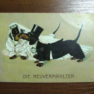 Антикварная открытка "Die Neuvermählten ("Молодожены")". Художник Пауль Отто Энгельхард. 14х9см